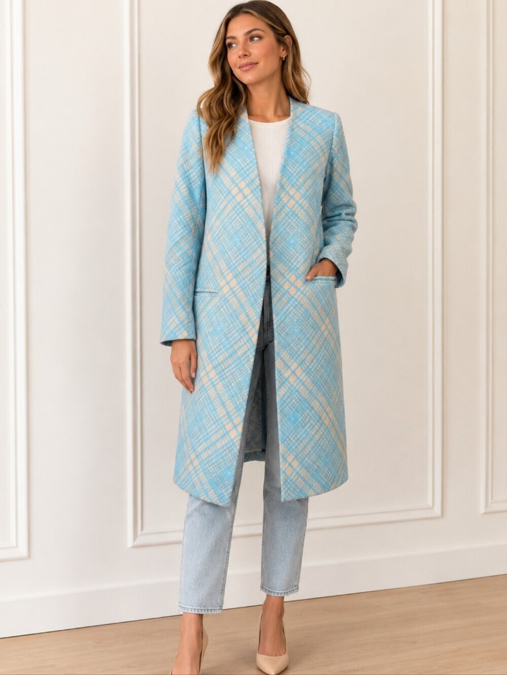 Kimora Lee Simmons Wool Blend Houndstooth  Long Coat